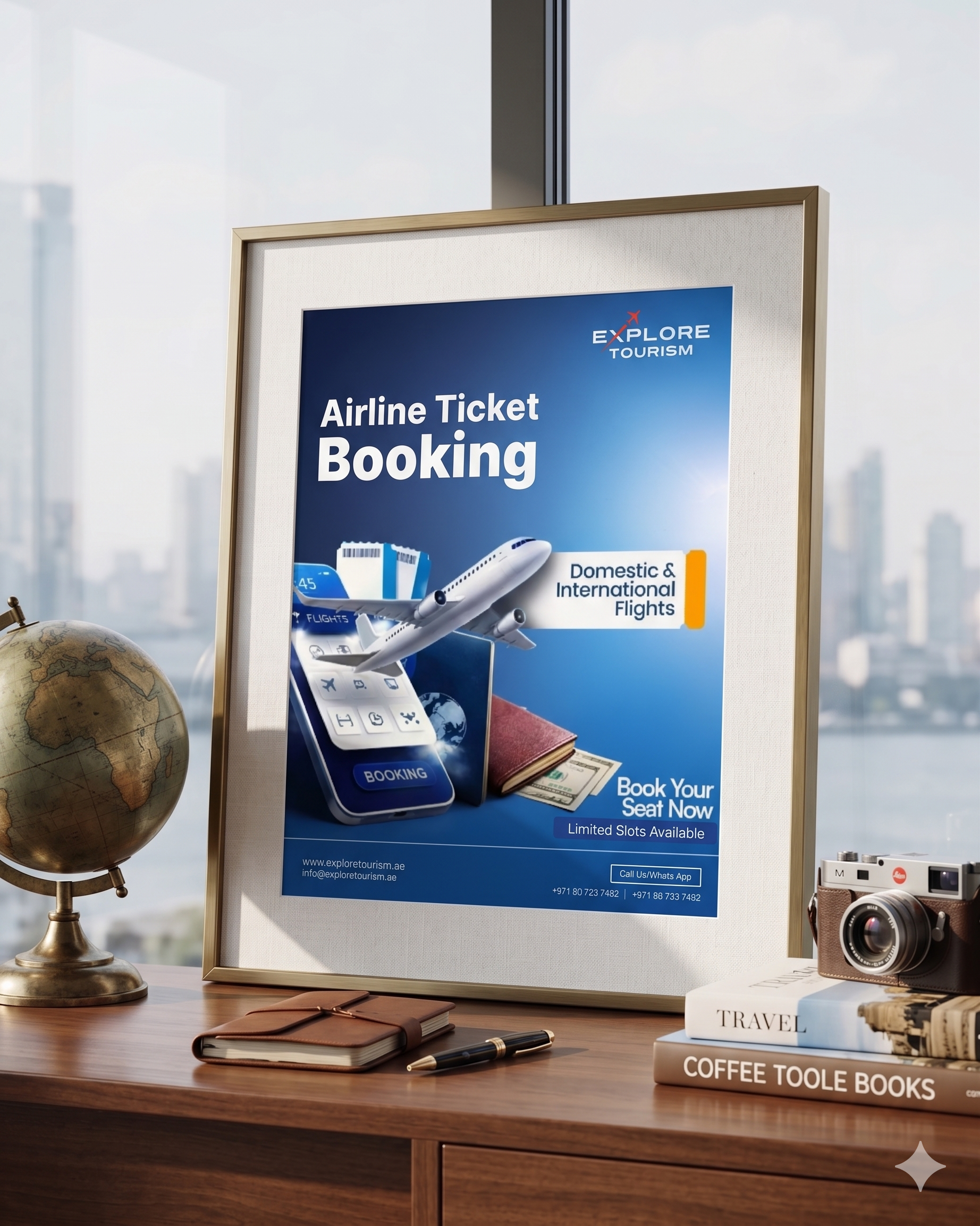 Airline Ticket Booking Poster — Framed mockup on desk