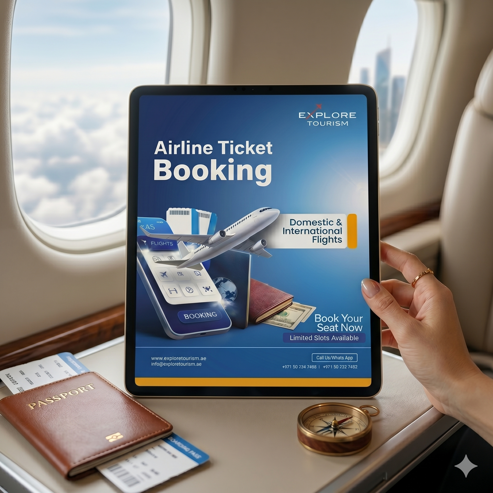 Airline Ticket Booking — Tablet mockup on flight